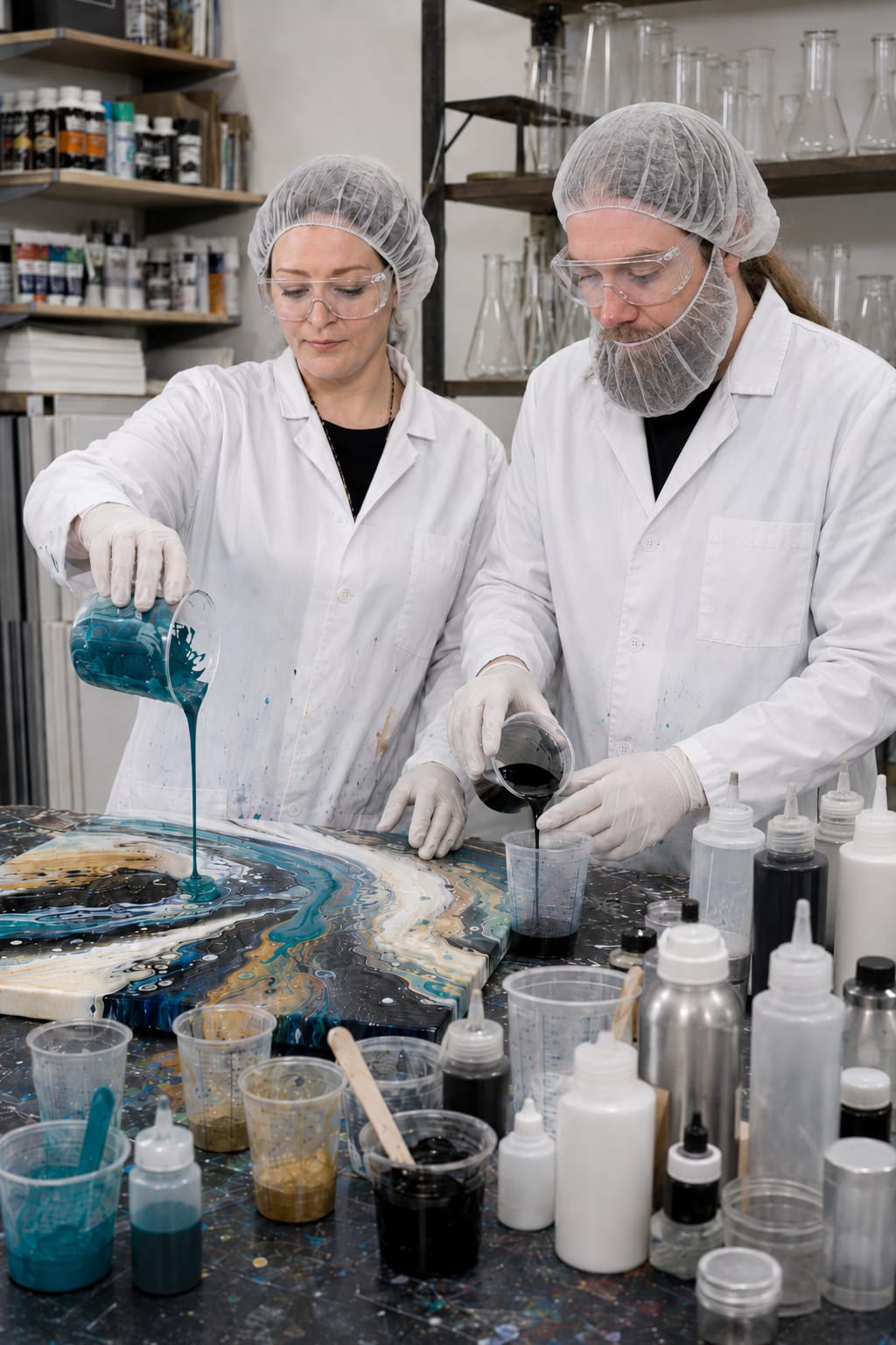 Zwei Personen im Atelierlabor beim Gießen von Acrylfarbe auf eine Pouring-Arbeit