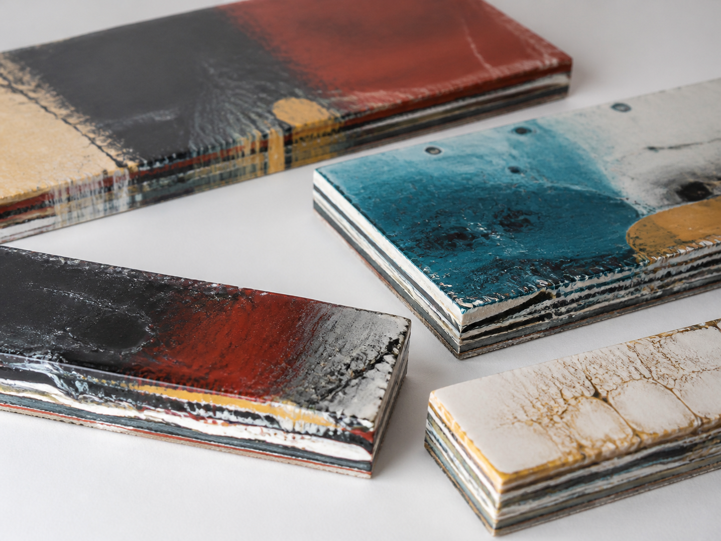 Geschichtete Materialproben mit Acrylfarbe und Lack